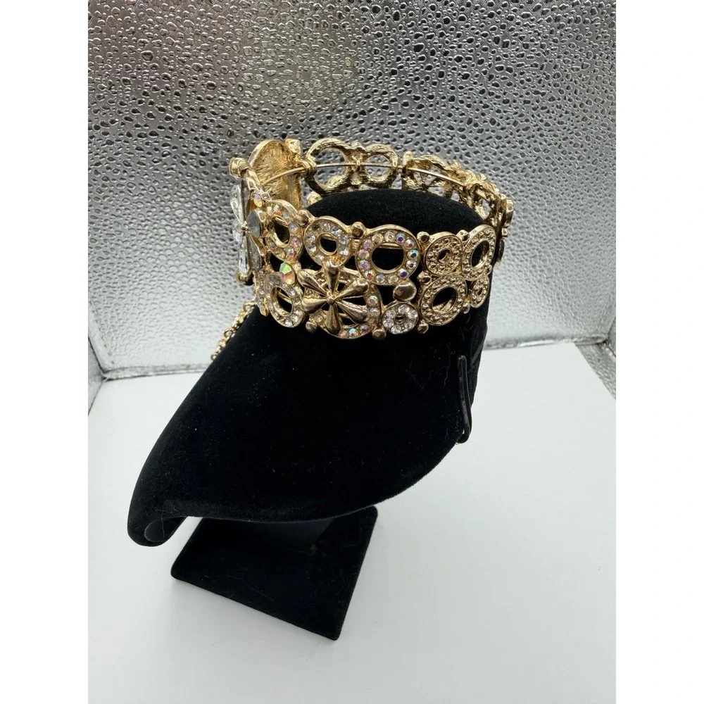 Gold Tone Crystal Oval Stretch Bracelet w Ring sparkling floral rhinestone Prom